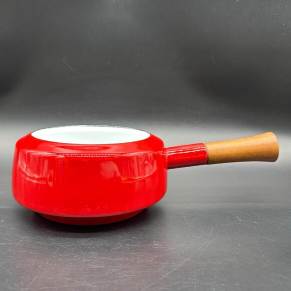 Vintage Fondue Pot Saucepan Dansk Kobenstyle Red Enamel Teak Wood No Lid - Picture 2 of 12